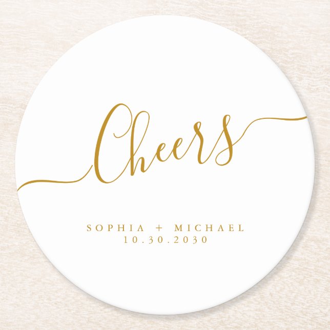 Cheers Minimal Gold Script Custom Wedding Runder Pappuntersetzer (Vorderseite)