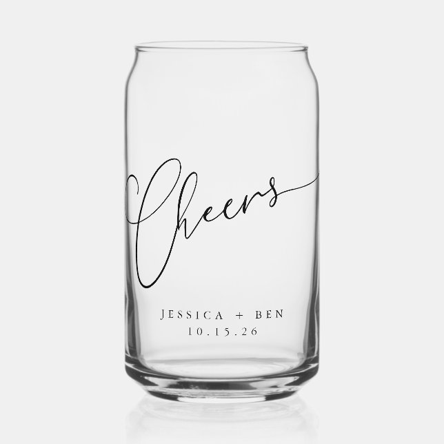 Cheers Minimal Schwarz-weiße Script Custom Wedding Dosenglas (Vorderseite)