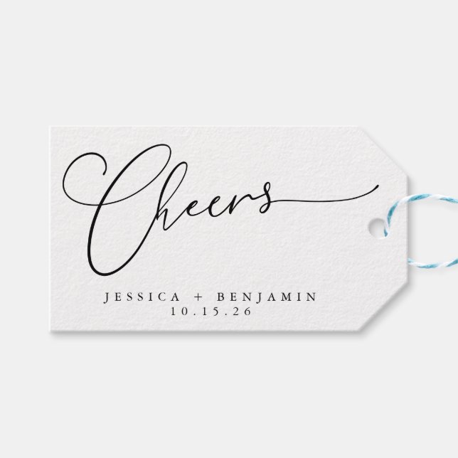 Cheers Minimal Schwarz-weiße Script Custom Wedding Geschenkanhänger (Vorderseite (Horizontal))