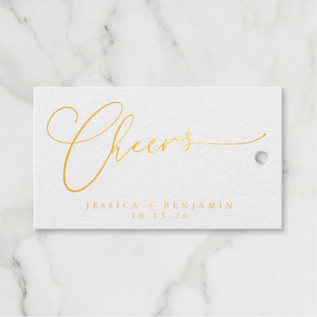 Cheers Minimal Script Custom Wedding White Gold Geschenkanhänger (Vorderseite (Horizontal))