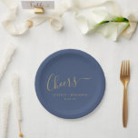 Cheers Minimalistisch Navy Blue Gold Custom Weddin Pappteller<br><div class="desc">Personalisiert Cheers Minimalistische Teller von Navy Blue und Gold Wedding Paper</div>
