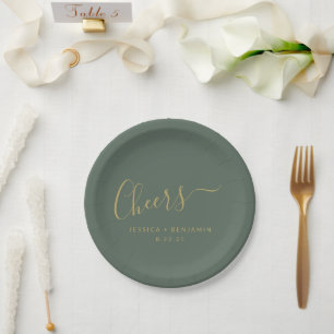 Cheers Minimalistische dunkle Sage Gold Custom Wed Pappteller