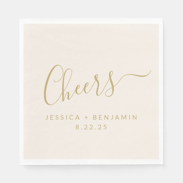 Cheers Minimalistische Ecru und Gold Custom Weddin Serviette (Vorderseite)