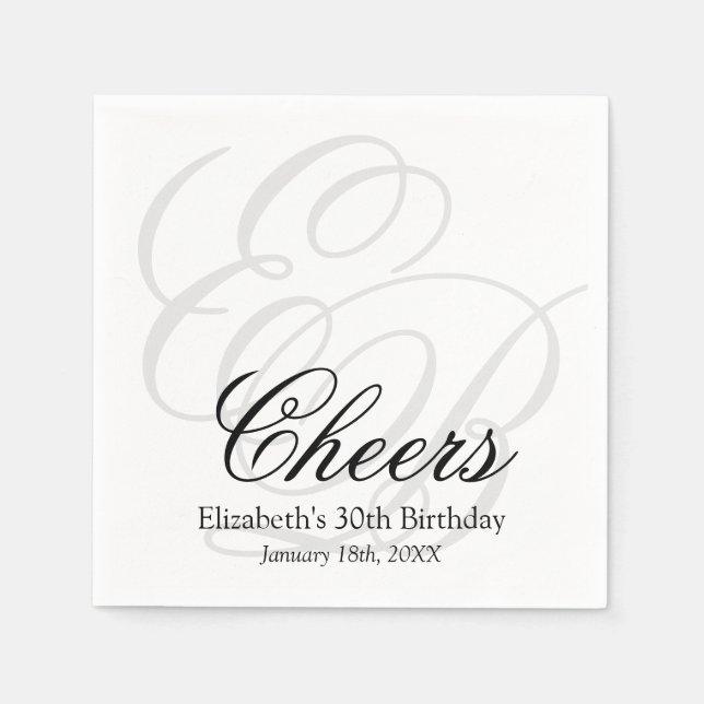 Cheers Mit Monogramm 30. Geburtstag Party Serviette (Vorderseite)