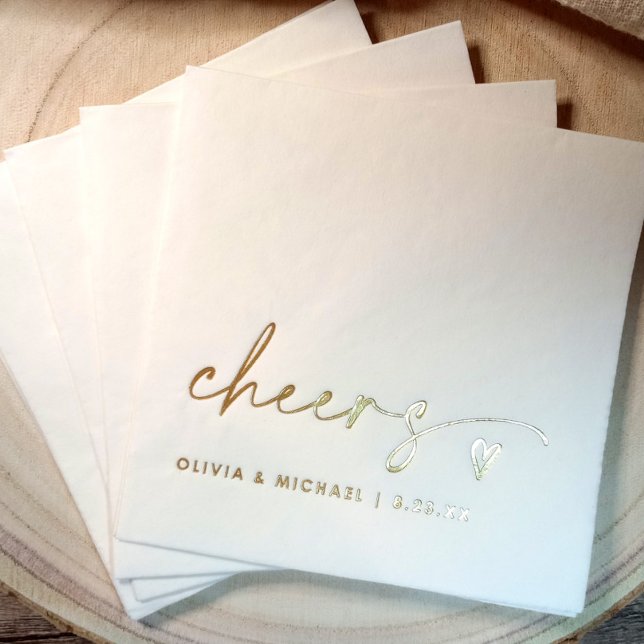 Cheers Modern Bride and Groom Wedding Gold Servietten Mit Folie (Elegant handwriting personalized cheers wedding napkins in gold foil)