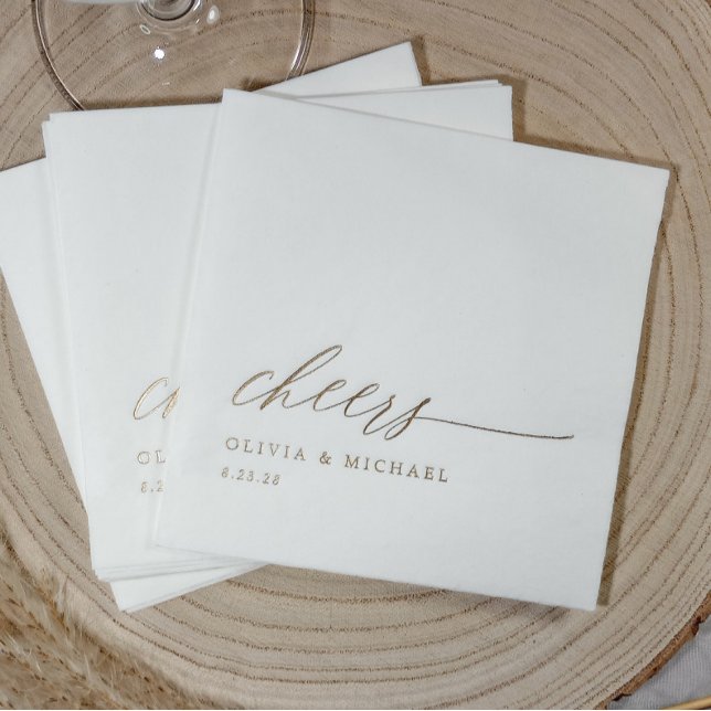 Cheers Moderne elegante Typografie Hochzeit Servietten Mit Folie (Elegant Cheers wedding napkins personalized in gold foil for your wedding bar and reception.)