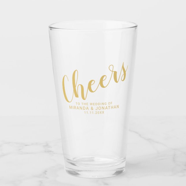 'Cheers' Moderne Script Gold Hochzeit Glas (Vorderseite)
