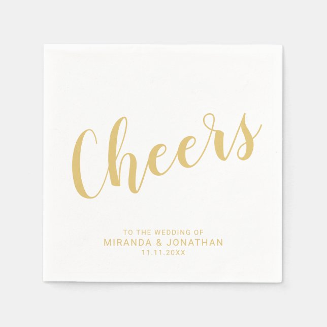 'Cheers' Moderne Script Gold Hochzeit Serviette (Vorderseite)