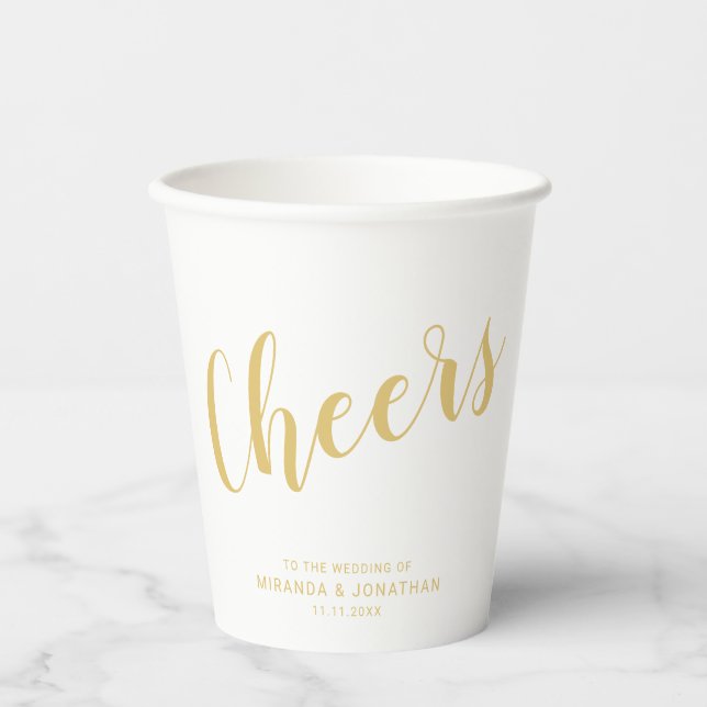 'Cheers' Moderne Script Gold Wedding Paper Cups Pappbecher (Vorderseite)