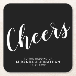 'Cheers' Modernes Script Black Wedding Rechteckiger Pappuntersetzer