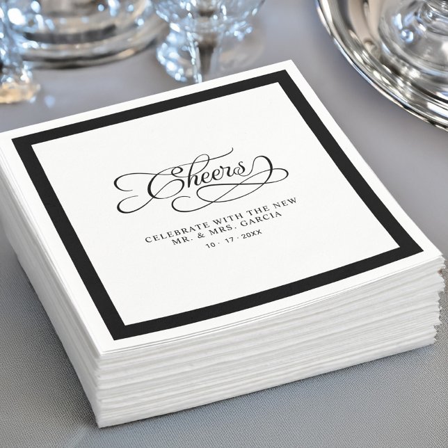 Cheers Mr & Mrs Wedding Calligraphy Border Black Serviette (Cheers Mr & Mrs Wedding Calligraphy Border Black Napkins)