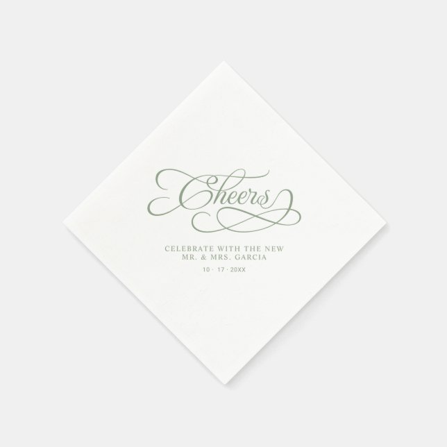 Cheers Mr & Mrs Wedding Calligraphy Sage Green Serviette (Ecke)