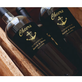 Cheers Nautical Wedding Gold und Black Wine Labels Weinetikett