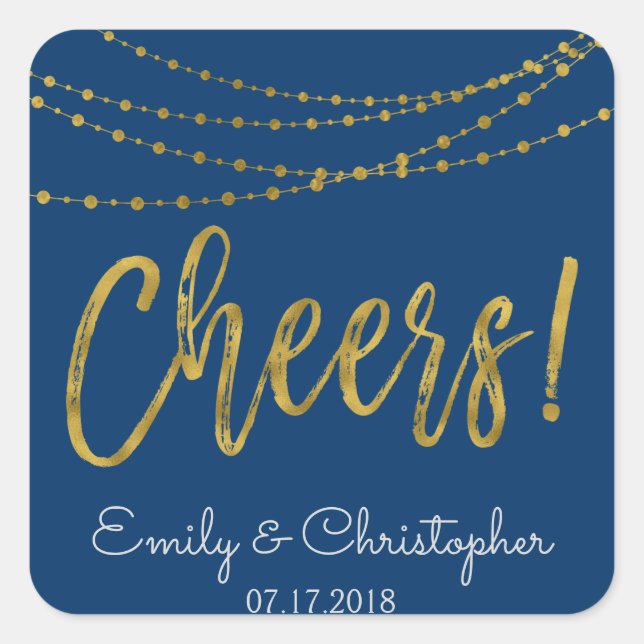 Cheers Navy Blue and Gold Foil String Lights Quadratischer Aufkleber (Vorderseite)