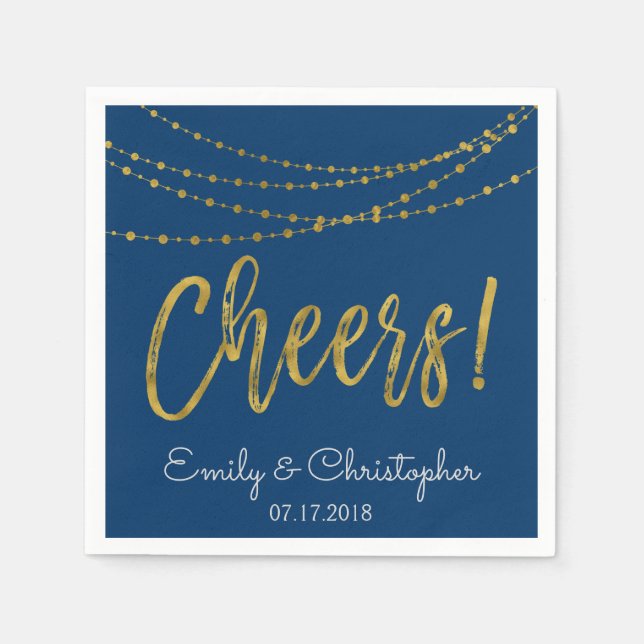 Cheers Navy Blue and Gold Foil String Lights Serviette (Vorderseite)
