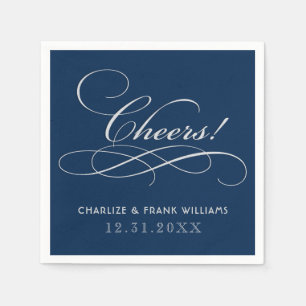 Cheers Navy Blue Silver Calligraphy Custom Wedding Serviette