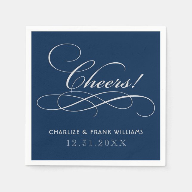 Cheers Navy Blue Silver Calligraphy Custom Wedding Serviette (Vorderseite)