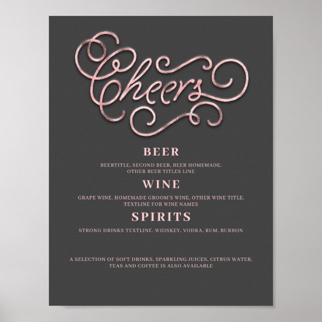 Cheers Rose Gold Wedding Bar Sign Poster (Vorne)