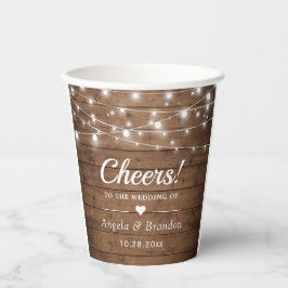 Cheers Rustic Wood String Lights Wedding Party Pappbecher