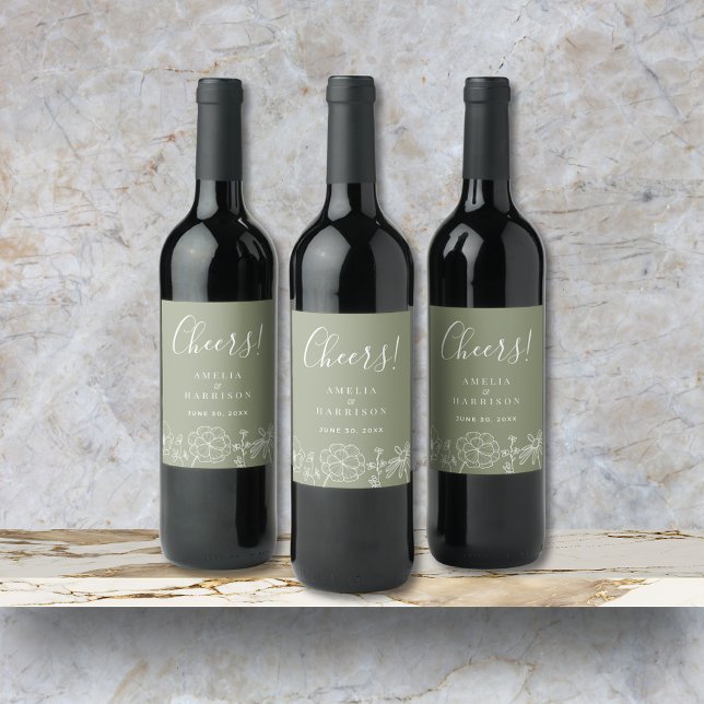 Cheers Sage Green Elegant Blumenhochzeit Weinetikett (Cheers Sage Green Elegant Wedding Wine Bottle Label with Line Art Flowers, Couple Names, Date.)