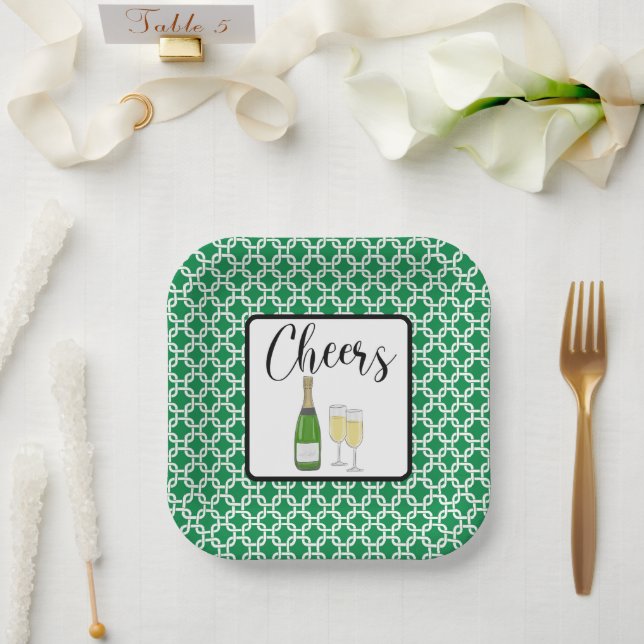 Cheers Script Champagne Glasses Celebration Pappteller (Hochzeit)