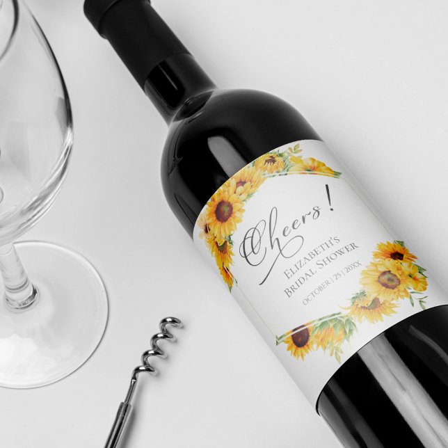 Cheers Sunflower Floral Fall Brautparty Weinetikett (Von Creator hochgeladen)