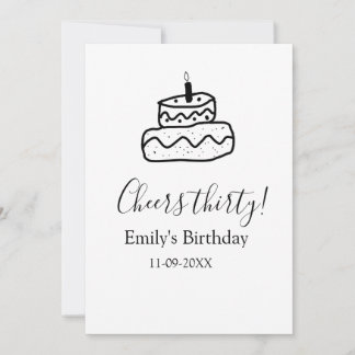 Cheers thirty birthday cake black scribble hand einladung