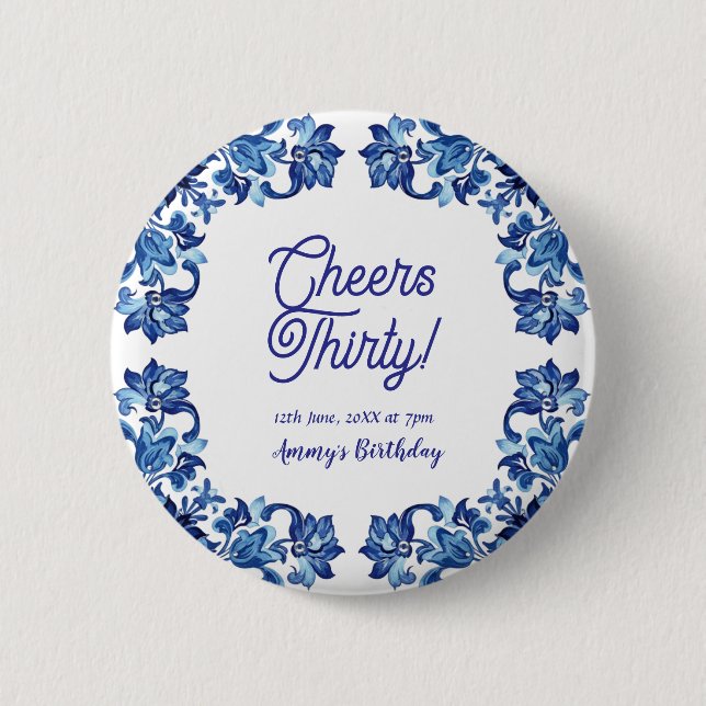 Cheers thirty birthday royal blue floral border na button (Vorderseite)