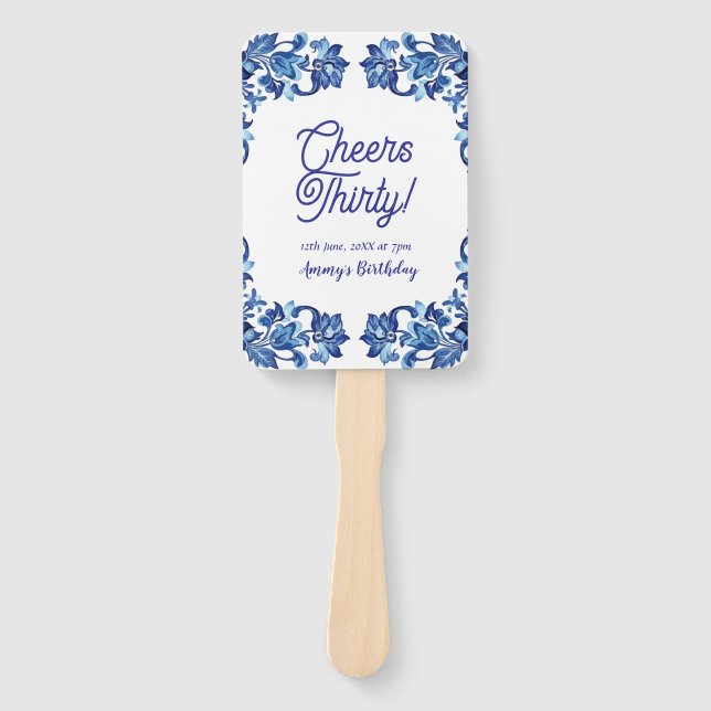 Cheers thirty birthday royal blue floral border na fächer (Vorderseite)
