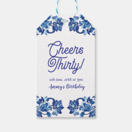 Cheers thirty birthday royal blue floral border na geschenkanhänger