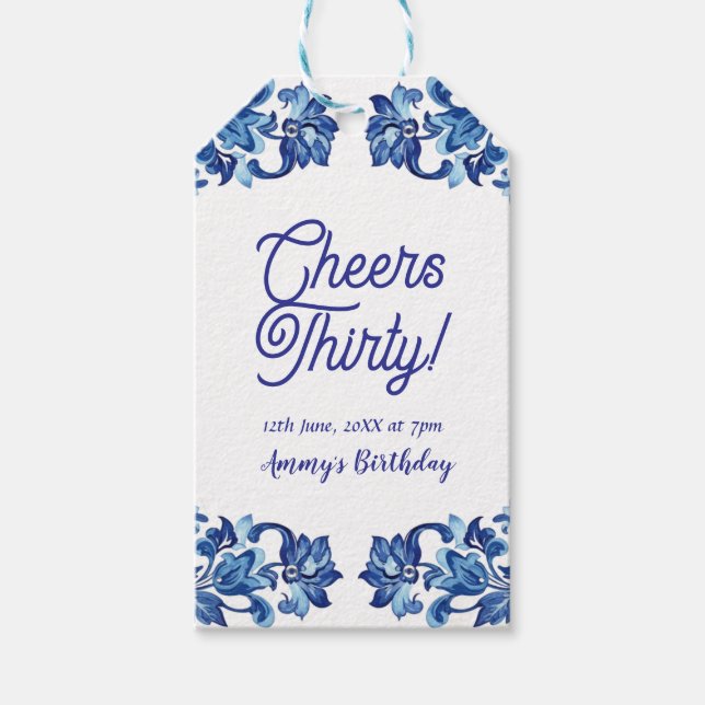 Cheers thirty birthday royal blue floral border na geschenkanhänger (Vorderseite)