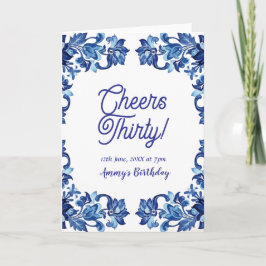 Cheers thirty birthday royal blue floral border na karte