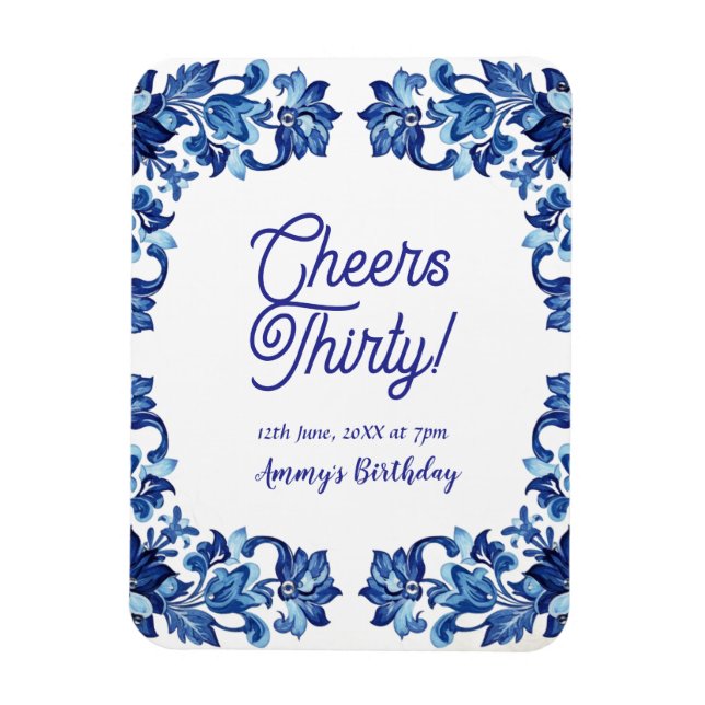 Cheers thirty birthday royal blue floral border na magnet (Vertikal)