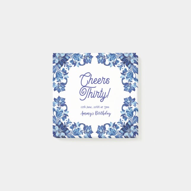 Cheers thirty birthday royal blue floral border na post-it klebezettel (Vorderseite)