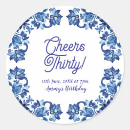 Cheers thirty birthday royal blue floral border na runder aufkleber