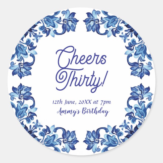 Cheers thirty birthday royal blue floral border na runder aufkleber (Vorderseite)