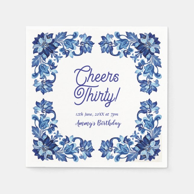Cheers thirty birthday royal blue floral border na serviette (Vorderseite)