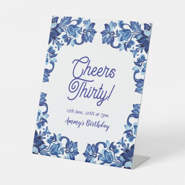 Cheers thirty birthday royal blue floral border na sockelschild (Vorderseite)