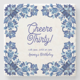 Cheers thirty birthday royal blue floral border na steinuntersetzer