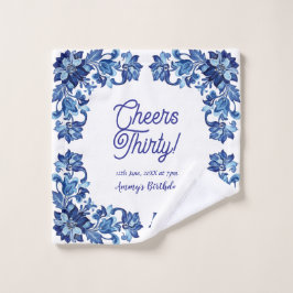 Cheers thirty birthday royal blue floral border na waschlappen