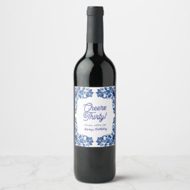Cheers thirty birthday royal blue floral border na weinetikett