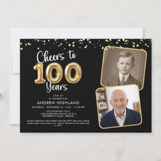 Cheers to 100 Years 2 Photos Script Balloon Einladung