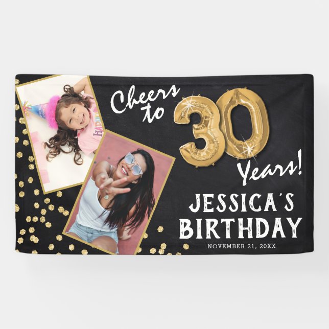 Cheers to 30 Years Gold Ballon 2 Foto Geburtstag Banner (Horizontal)