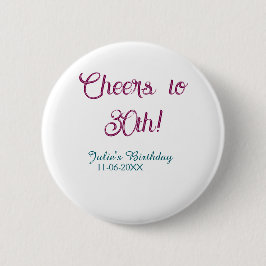 Cheers to 30th birthday name date mauve blue elega button