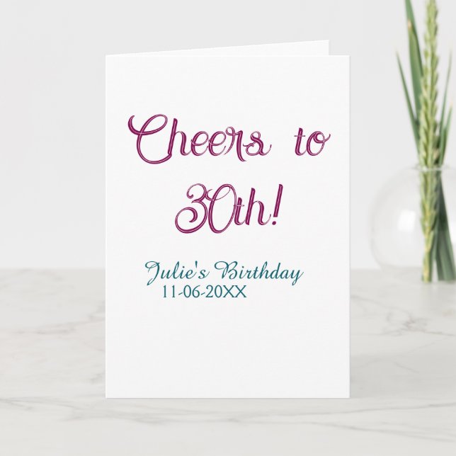 Cheers to 30th birthday name date mauve blue elega karte (Vorderseite)