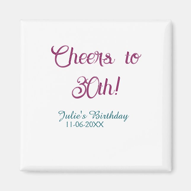 Cheers to 30th birthday name date mauve blue elega magnet (Vorne)
