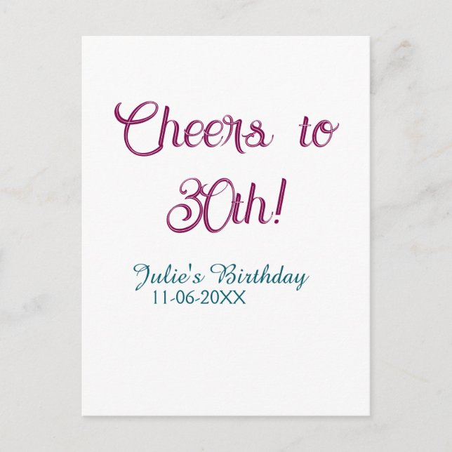 Cheers to 30th birthday name date mauve blue elega postkarte (Vorderseite)