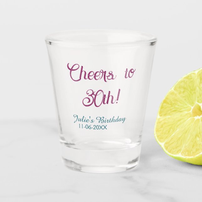 Cheers to 30th birthday name date mauve blue elega schnapsglas (Vorderseite)