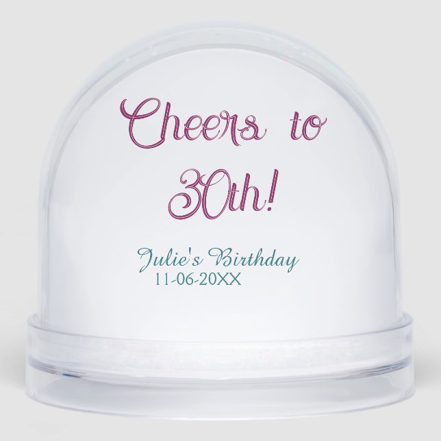 Cheers to 30th birthday name date mauve blue elega schneekugeln (Vorderseite)