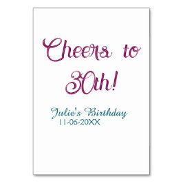 Cheers to 30th birthday name date mauve blue elega tischnummer
